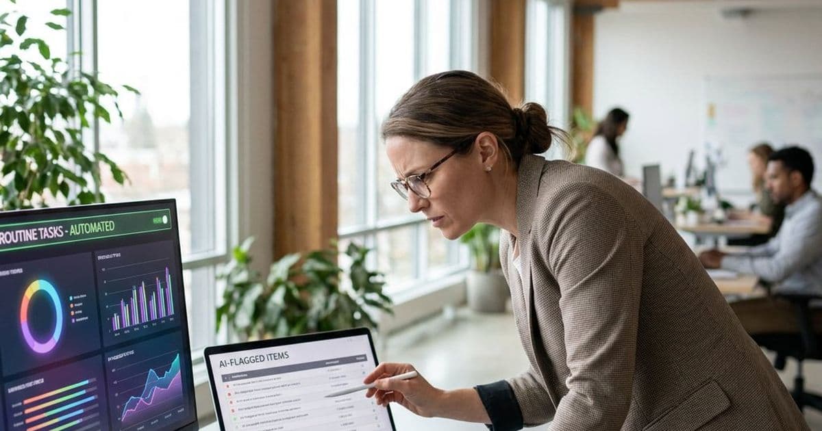 Operations specialist reviews AI-flagged workflow items on a laptop in a bright European office, showing human oversight in business automation.