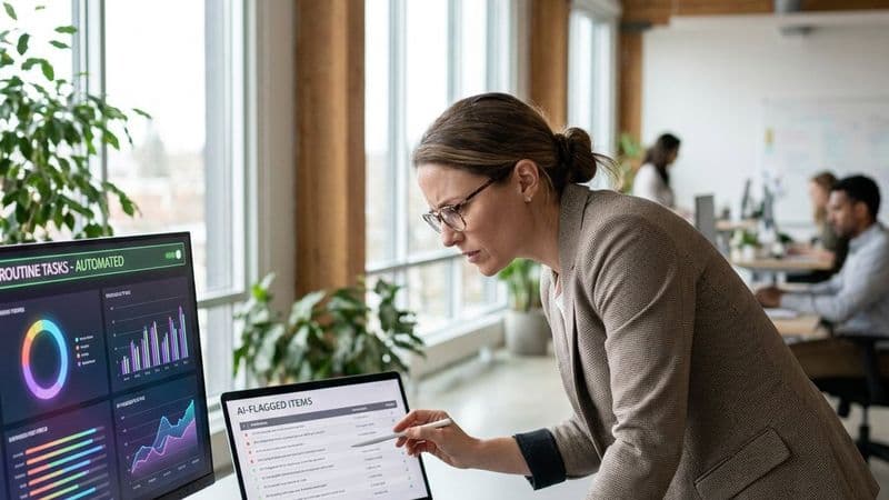 Operations specialist reviews AI-flagged workflow items on a laptop in a bright European office, showing human oversight in business automation.