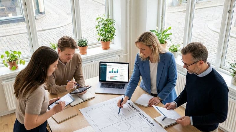 Team in a modern European office prioritises AI use cases on a score matrix, comparing impact, feasibility and time-to-value.