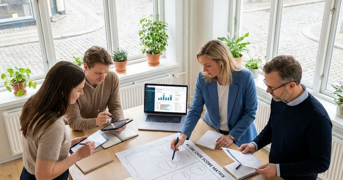Team in a modern European office prioritises AI use cases on a score matrix, comparing impact, feasibility and time-to-value.