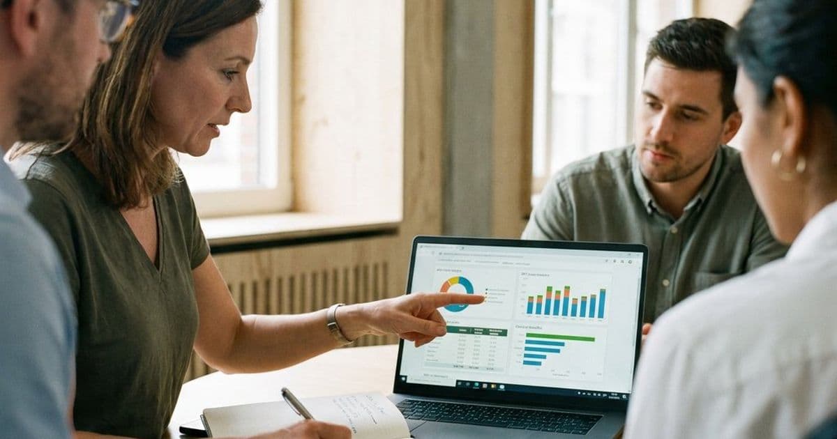 Finance en operations professionals bekijken KPI-grafieken en kosten-batenoverzicht op een laptop in een modern Europees kantoor.